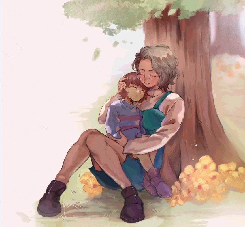 1girl, 1other, 2025, 2d, ambiguous_gender, anaizzzen, ankle_boots, blue_shirt