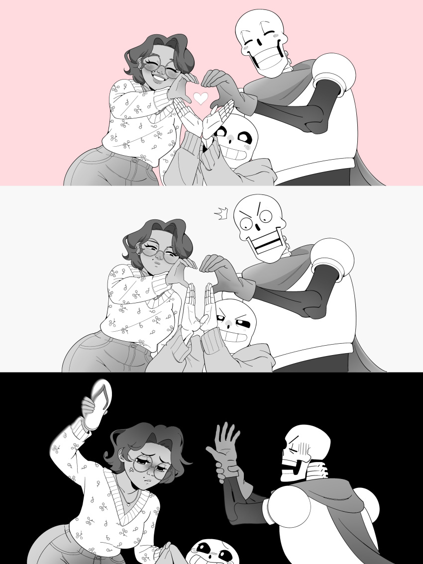 >:), 1girl, 2025, 2boys, 2d, 3koma, ^^^, absurdres, anger_vein, armor, black_background, brothers, cape, comic, commission, commissioner_insert, curly_hair, dark-skinned_female, dark_skin, digital_media, female, flip-flops, glasses, gloves, greyscale, heart, heart_hands, heart_hands_trio, heart_in_heart_hands, heart_to_penis_(meme), height_difference, highres, holding, holding_shoes, hood, hood_down, hooded_jacket, human, humanoid, jacket, male, maxbruiser, meme, mole, mole_above_mouth, monochrome, monster, monster_boy, multicolored_background, multiple_boys, open_clothes, open_jacket, original, original_character, papyrus_(undertale), penis-shaped_hands, pink_background, sans_(undertale), second-party_source, sequential, shirt, short_hair, siblings, simple_background, skeleton, sweater, tears, teeth, trio, undead, undertale, unworn_shoes, utdr_(toby_fox), v-shaped_eyebrows, white_background