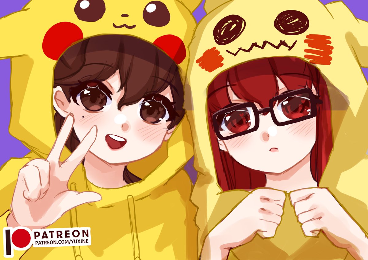 2girls, :d, black-framed_eyewear, blush, brown_eyes, brown_hair, clenched_hands, commentary