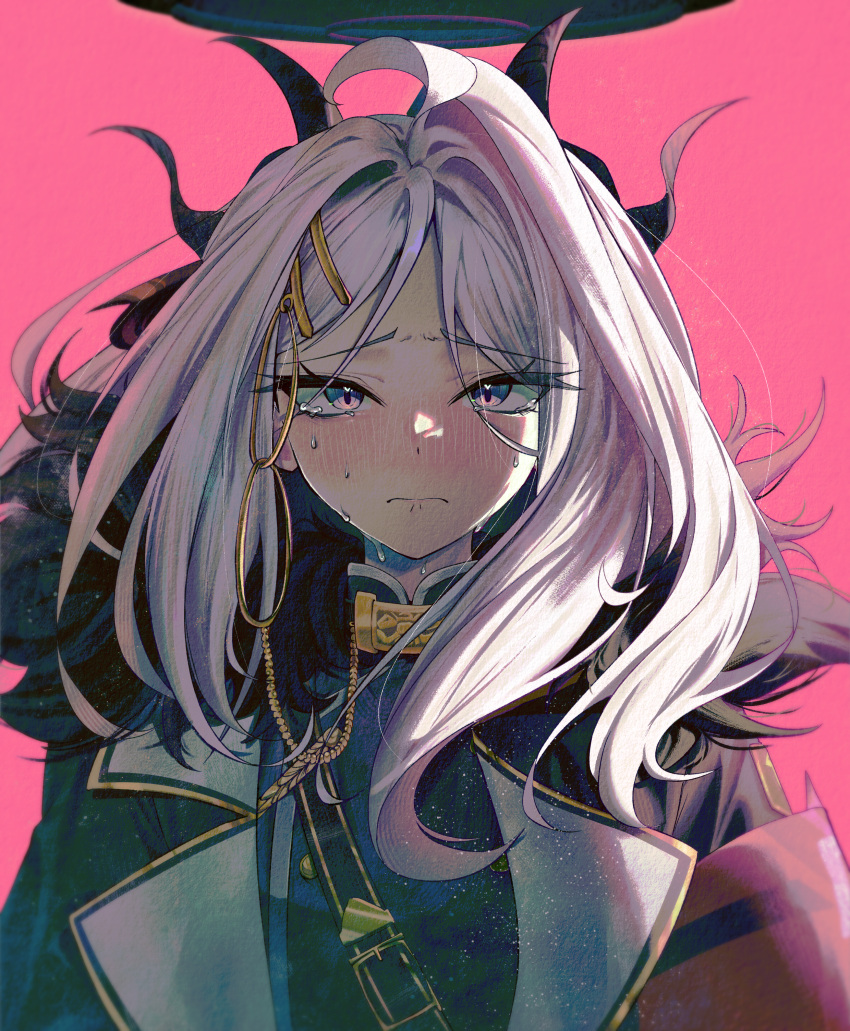 1girl, absurdres, armband, black_halo, blue_archive, coat, coat_on_shoulders, crying