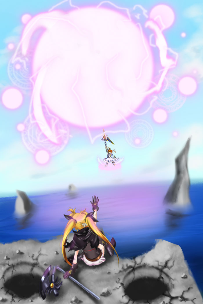 aimo_(fujiikau), bandaid, bardiche, blonde_hair, brown_hair, energy_ball, fate_testarossa, lyrical_nanoha