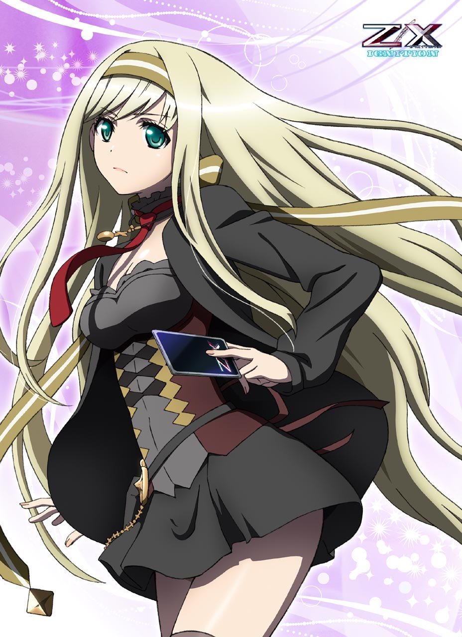 belt, belt_pouch, black_outfit, black_skirt, black_thighhighs, blonde_hair, boots, emerald_eye