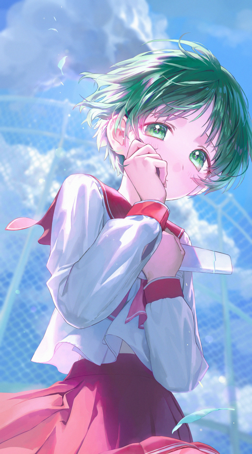 1girl, absurdres, blush, chain-link_fence, closed_mouth, cowboy_shot, day, english_commentary