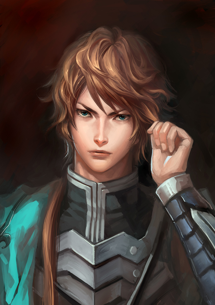 1boy, armor, brown_background, brown_hair, closed_mouth, commentary_request, eyelashes, hair_over_shoulder