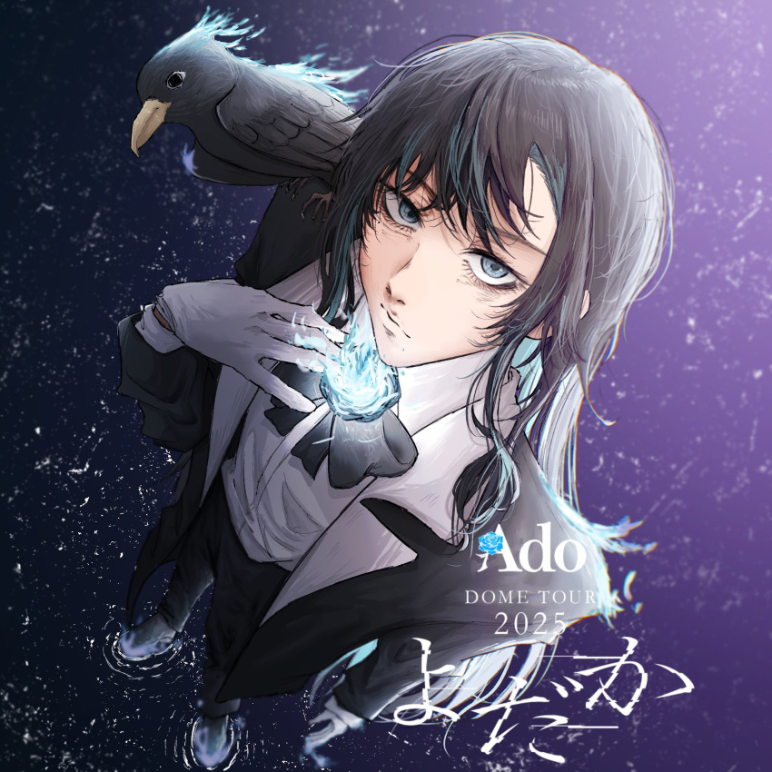 1girl, ado_(utaite), bird, black_bow, black_bowtie, black_coat, black_hair, black_pants