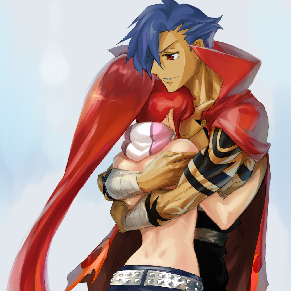 1girl, beardorado, blue_hair, cape, comforting, couple, hug, kamina, long_hair, ponytail, red_eyes, red_hair, redhead, scarf, short_hair, tattoo, tengen_toppa_gurren-lagann, tengen_toppa_gurren_lagann, yoko_littner, yoko_ritona