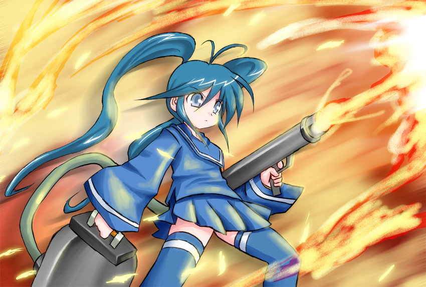 antenna_hair, blue_eyes, blue_hair, blue_legwear, fire, flame, flamethrower, imaichi_moenai_ko