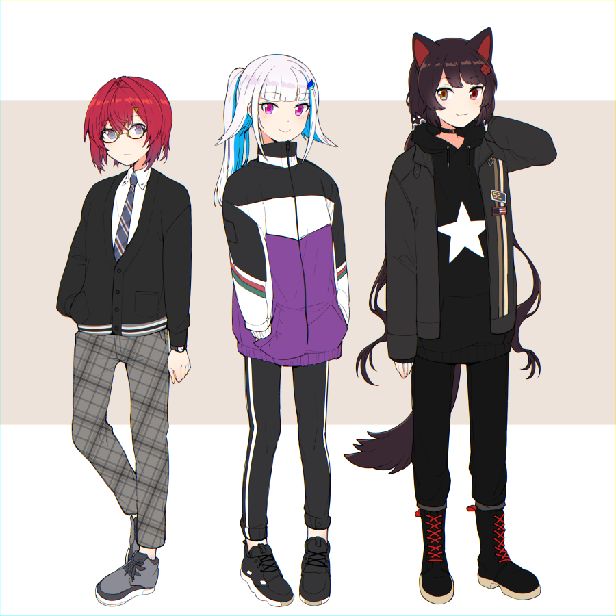3girls, alternate_costume, ange_katrina, animal_ears, ankle_boots, black-framed_eyewear, black_boots, black_cardigan
