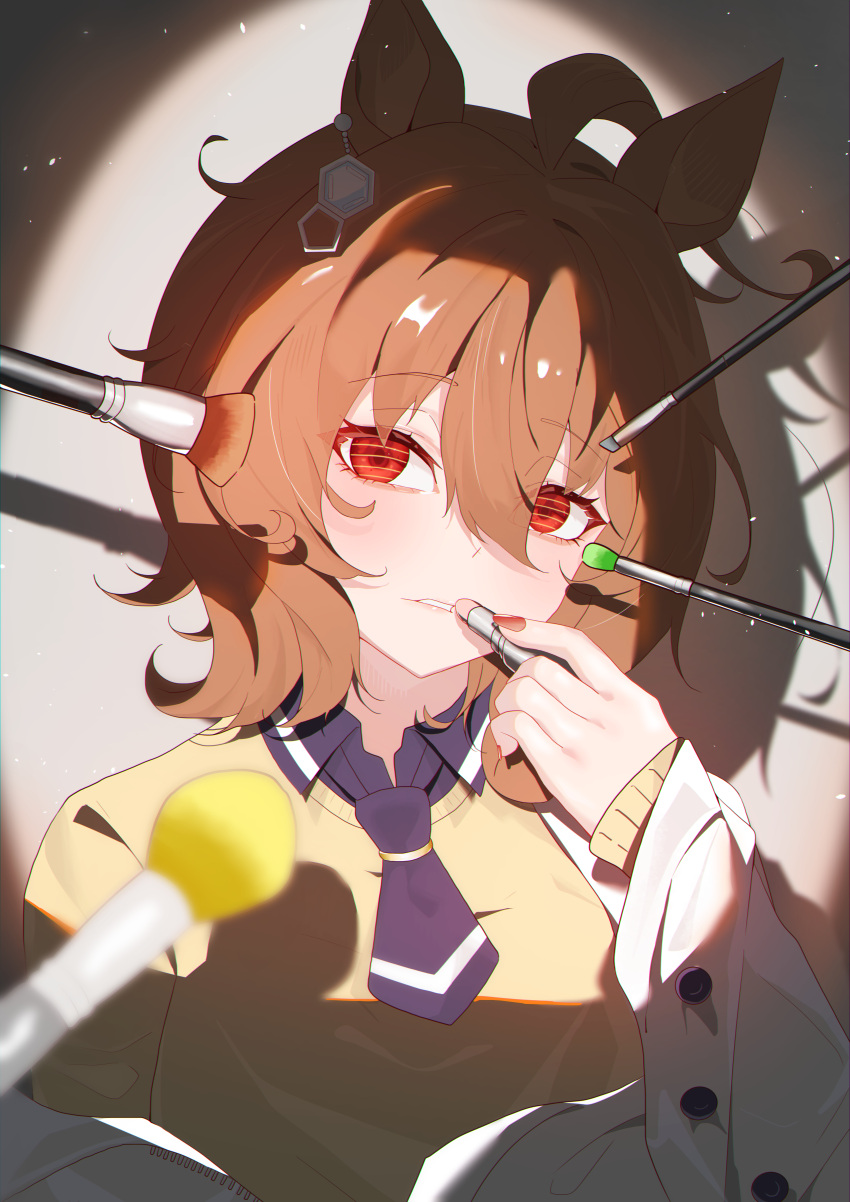 1girl, absurdres, agnes_tachyon_(tach-nology)_(umamusume), agnes_tachyon_(umamusume), ahoge, animal_ears, applying_lipstick, applying_makeup