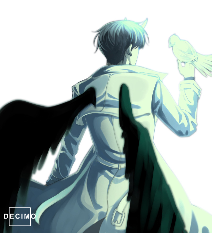 1boy, bird, bird_on_hand, bird_request, black_hair, black_wings, coat, cowboy_shot