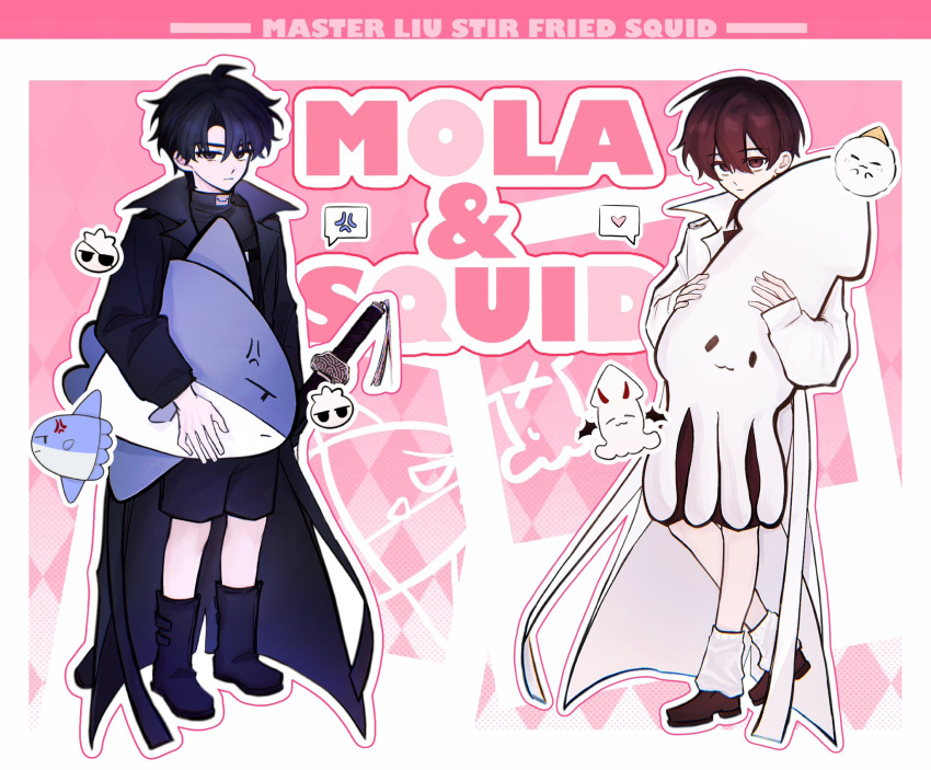 2boys, anger_vein, animalization, biyoo_(omniscient_reader's_viewpoint), black_eyes, black_hair, black_shorts, boots