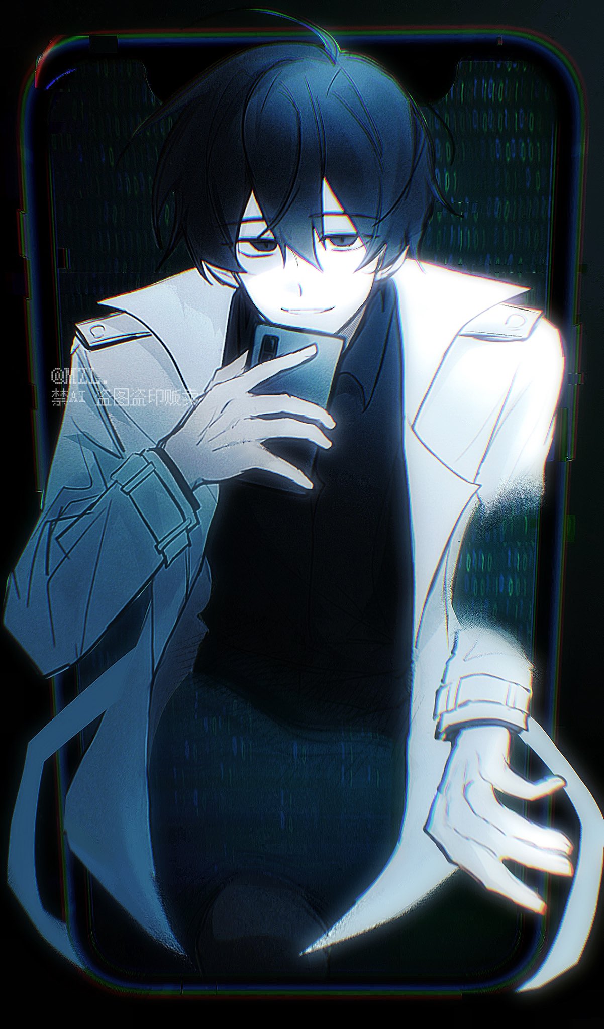 1boy, :d, binary, black_eyes, black_hair, black_shirt, chromatic_aberration, coat