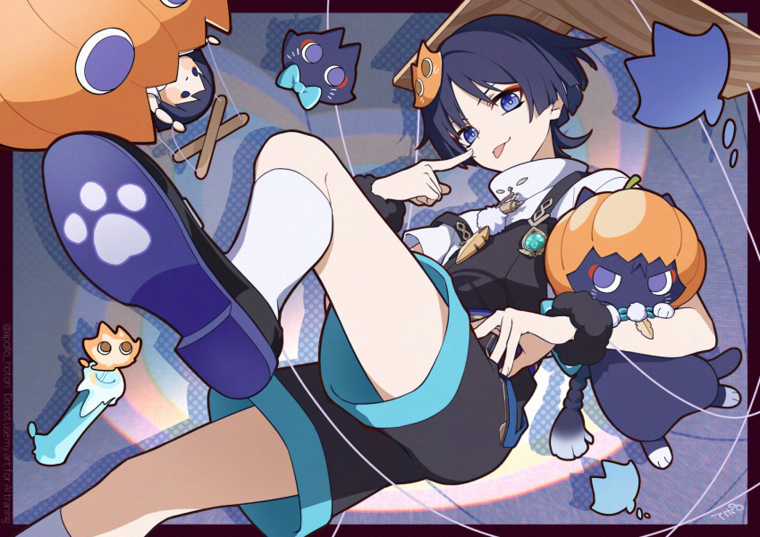 1boy, akanbe, anemo_symbol_(genshin_impact), animalization, apollo_hotori, aqua_gemstone, black_cat, black_hair