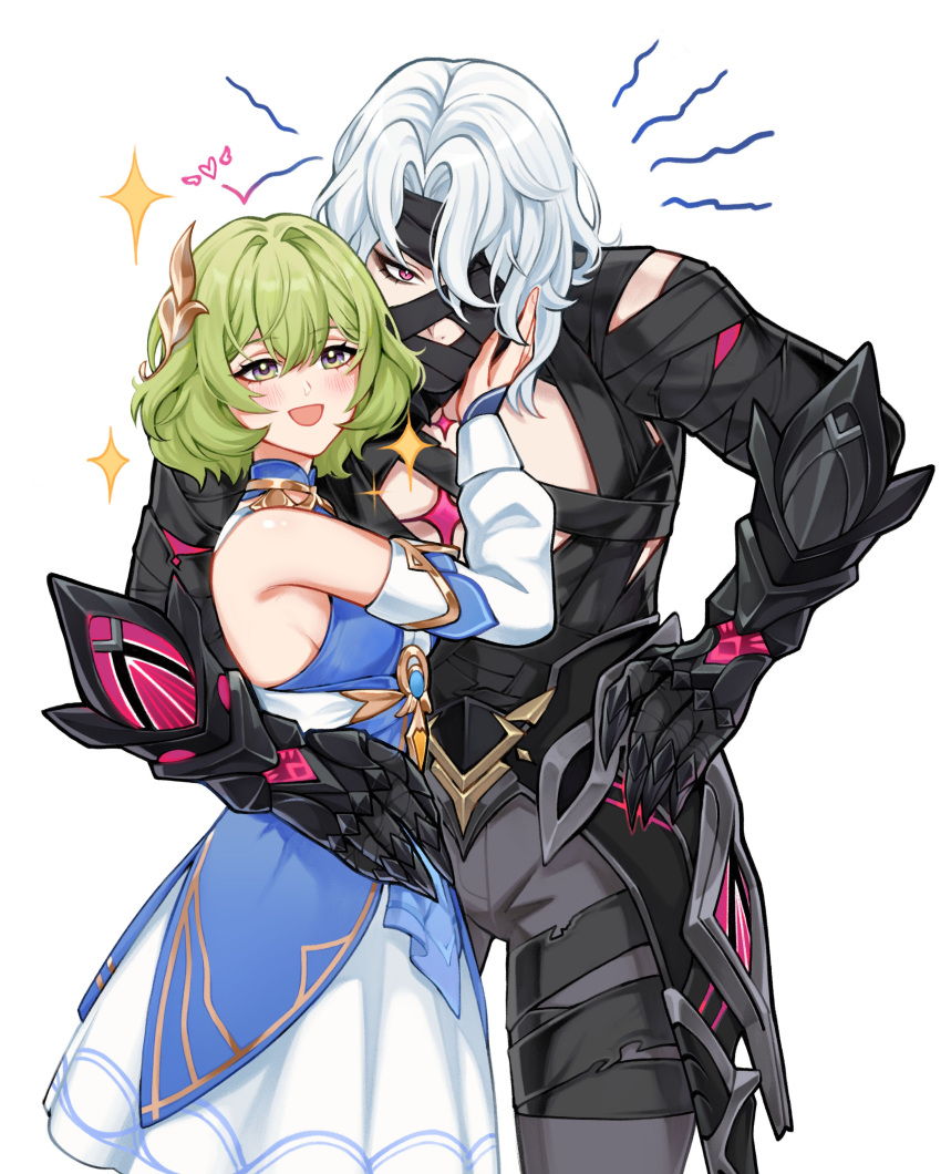 1boy, 1girl, absurdres, arm_around_waist, arms_at_sides, bandage_in_mouth, bandage_on_face, bandage_on_forehead