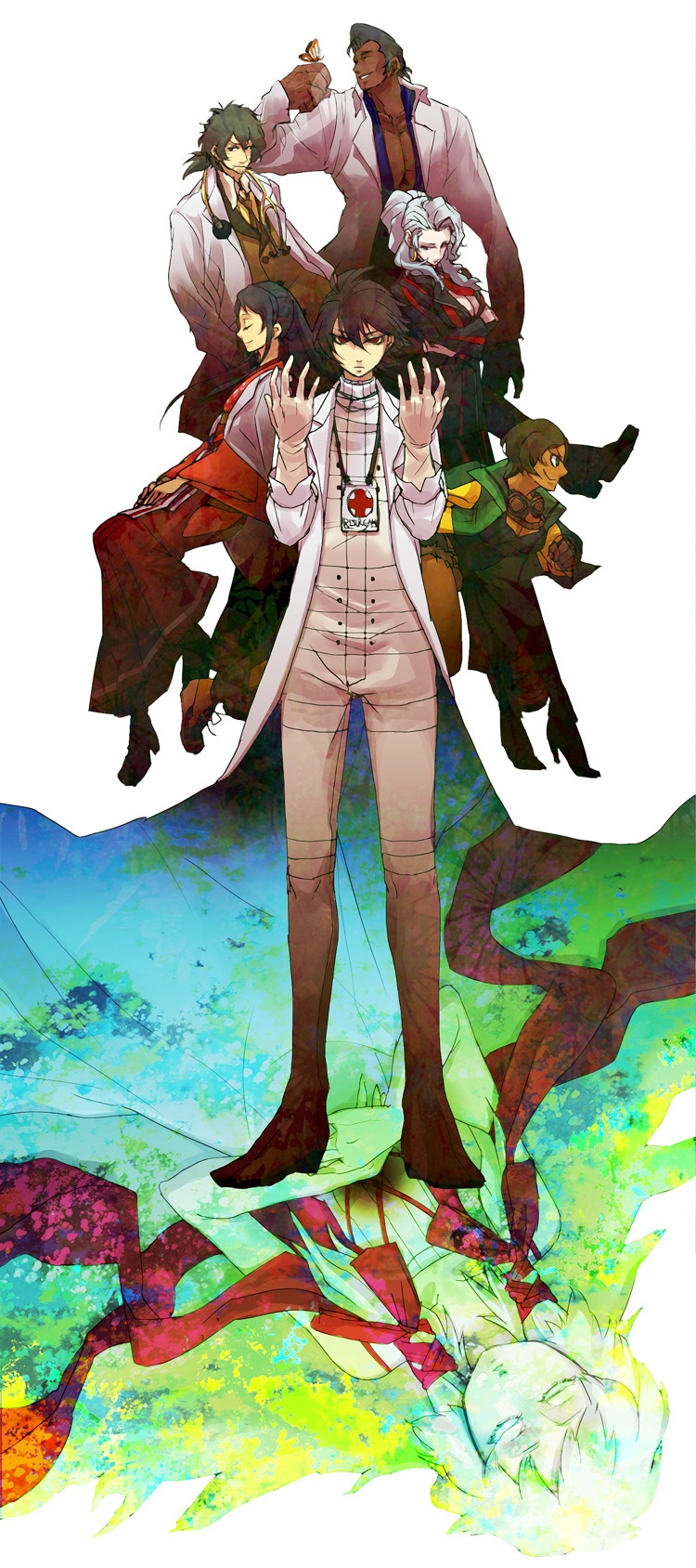 brown_hair, butterfly, chou_shittou_caduceus, closed_eyes, cr-s01, denim, denim_shorts, doctor