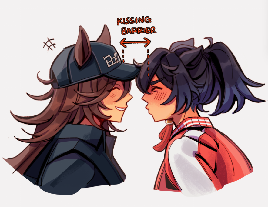 2girls, animal_ears, baseball_cap, black_hair, black_jacket, blush, boc'z_(umamusume), brown_hair, closed_eyes, closed_mouth, ears_through_headwear, french_kiss, hair_ornament, hat, horse_ears, horse_girl, jacket, katsuragi_ace_(casual)_(umamusume), katsuragi_ace_(umamusume), kiss, long_hair, long_sleeves, meme, mr._c.b._(boc'z)_(umamusume), mr._c.b._(umamusume), multiple_girls, official_alternate_costume, parted_lips, ponytail, red_jacket, sappy_sprout, smile, tassel, tassel_hair_ornament, umamusume, upper_body, yuri
