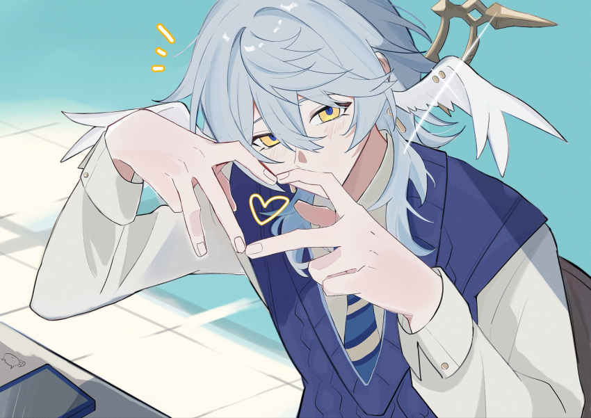 1boy, blue_background, blue_hair, blue_sweater_vest, blush, collared_shirt, commentary_request, earrings