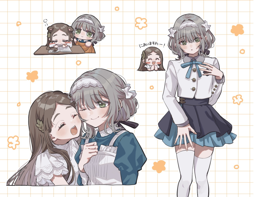 ;), ^_^, apron, aqua_dress, black_overskirt, blazer, blue_skirt, brown_hair, closed_eyes, commentary, cosplay, covering_with_blanket, dress, feet_out_of_frame, gakuen_idolmaster, grey_hair, grid_background, hairband, heads_together, highres, hiwatari_kanae, idolmaster, jacket, kuramoto_china, kuramoto_china_(cosplay), layered_sleeves, looking_at_another, maid, menrui_(xxmexzx), one_eye_closed, pleated_skirt, shirt, skirt, sleeping, smile, squeans, thigh-highs, translation_request, white_apron, white_hairband, white_jacket, white_shirt, white_thighhighs, zettai_ryouiki