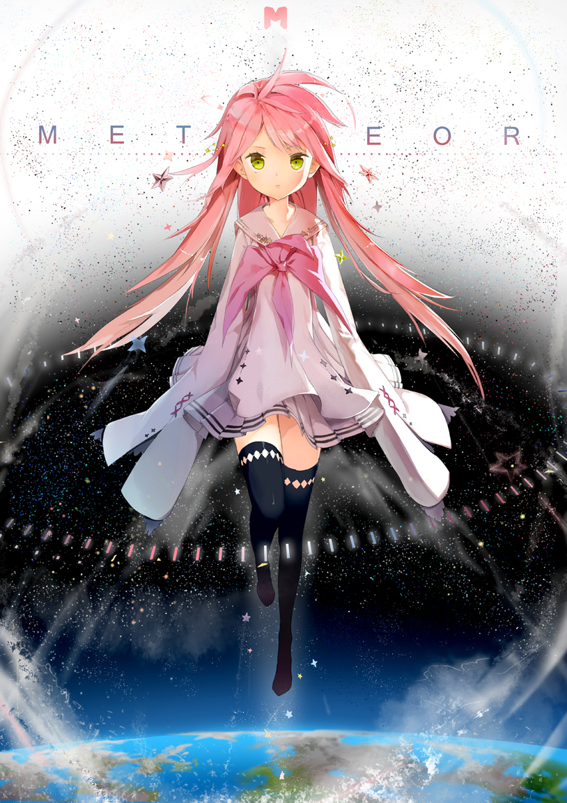 anmi, black_legwear, earth, hatsune_miku, long_hair, meteor_(vocaloid), pink_hair, sleeves_past_wrists