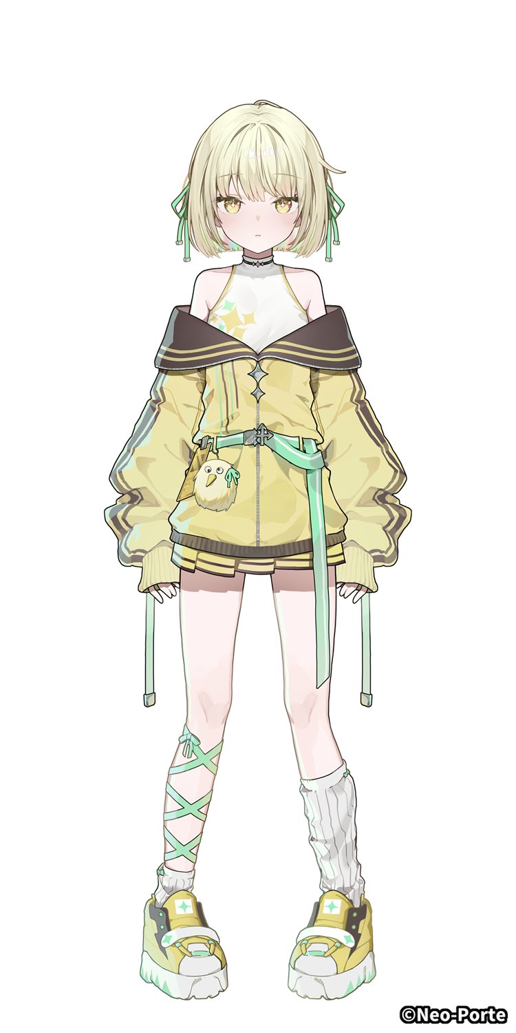 1girl, asymmetrical_legwear, blonde_hair, blunt_bangs, breasts, clothes_down, commentary_request, company_name, copyright_notice, full_body, hair_ribbon, halter_shirt, halterneck, highres, jacket, long_sleeves, miniskirt, mismatched_legwear, mitsuba_eni, neo-porte, ningen_mame, off_shoulder, official_art, partially_unzipped, pleated_skirt, ribbed_socks, ribbon, shirt, shoes, short_hair, simple_background, skirt, sleeves_past_wrists, small_breasts, sneakers, socks, solo, tachi-e, virtual_youtuber, white_background, white_shirt, white_socks, yellow_eyes, yellow_jacket, yellow_shoes, yellow_skirt