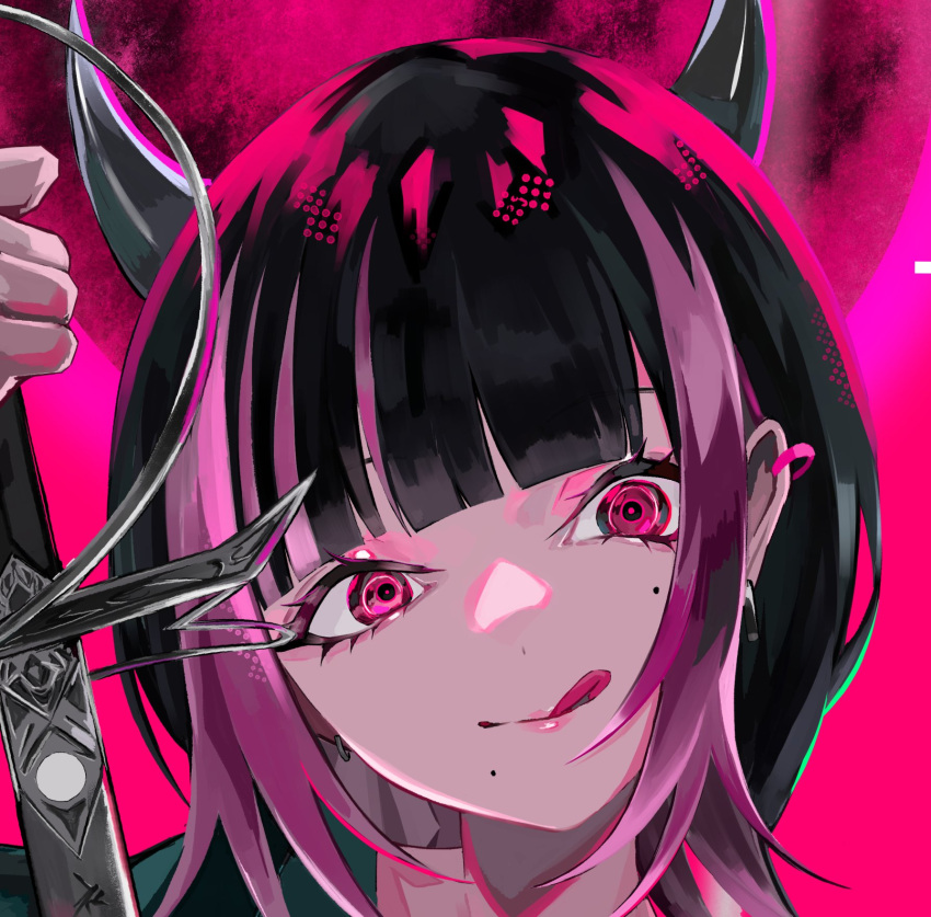 1girl, black_hair, blunt_bangs, closed_mouth, commentary_request, demon_girl, demon_horns, highres, holding, holding_sword, holding_weapon, horns, licking_lips, looking_at_viewer, mole, mole_under_eye, mole_under_mouth, multicolored_hair, multiple_moles, nira-chan, nira-chan_(zanki)_(zutomayo), nirtea34, pink_background, pink_eyes, pink_streaks, portrait, short_hair, smile, solo, streaked_hair, sword, tongue, tongue_out, weapon, zutto_mayonaka_de_ii_no_ni