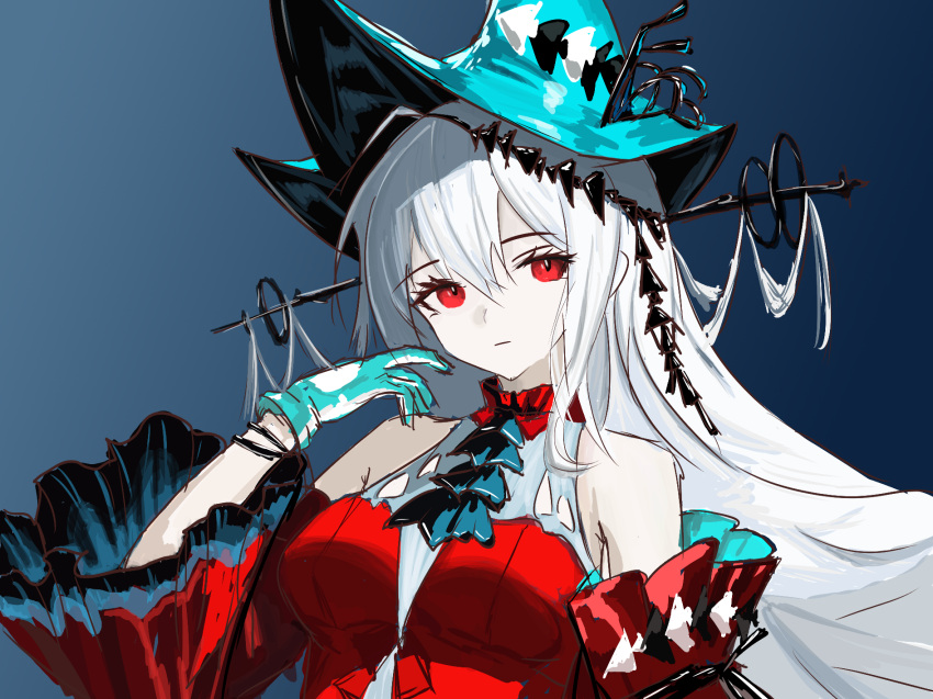 1girl, ampatit, angelfish, aqua_gloves, aqua_hat, arknights, ascot, bare_shoulders, black_ascot, black_ribbon, blue_background, bracelet, breasts, closed_mouth, clothing_cutout, detached_sleeves, dress, fish, gloves, gradient_background, hair_between_eyes, hair_ornament, hair_ribbon, hat, highres, jewelry, leg_ribbon, long_hair, long_sleeves, looking_at_viewer, off-shoulder_dress, off_shoulder, official_alternate_costume, portrait, red_dress, red_eyes, red_sleeves, ribbon, simple_background, skadi_(arknights), skadi_the_corrupting_heart_(arknights), solo, tropical_fish, very_long_hair, white_hair