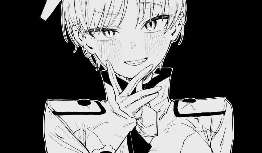1girl, absurdres, blue_archive, commentary_request, gloves, greyscale, grin, hanakonenne