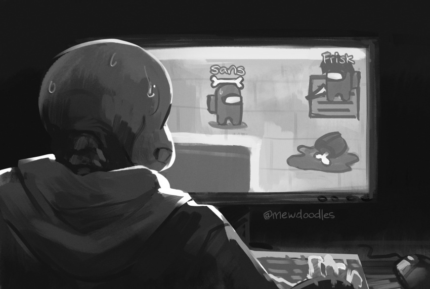 1boy, 2025, 2d, among_us, artist_name, at_computer, commentary, computer, crewmate_(among_us), digital_media, english_commentary, from_behind, greyscale, hood, hood_down, hooded_jacket, humanoid, impostor_(among_us), inktober, jacket, male, male_focus, male_only, mewpet, monochrome, monster, monster_boy, playing_games, sans_(undertale), skeleton, sweat, teeth, undead, undertale, utdr_(toby_fox)