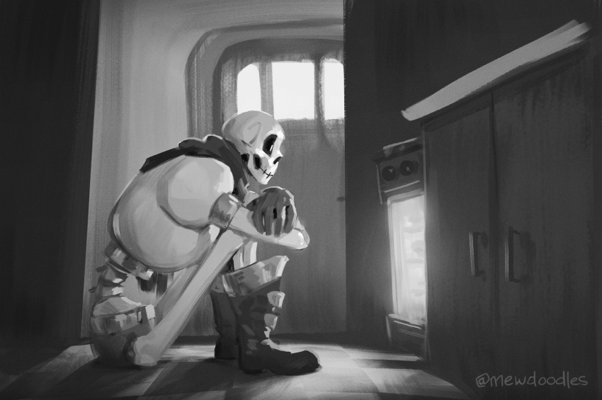1boy, 2025, 2d, armor, artist_name, blue_shorts, boots, cape, commentary, crossed_arms, digital_media, door, english_commentary, floor, gloves, greyscale, humanoid, indoors, inktober, kitchen, knees_up, male, male_focus, male_only, mewpet, monochrome, monster, monster_boy, oven, papyrus_(undertale), red_cape, red_gloves, shorts, sitting, skeleton, solo, teeth, undead, undertale, utdr_(toby_fox), waiting, white_armor