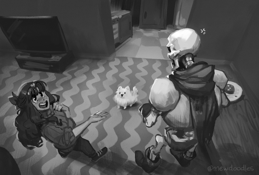 1boy, 1girl, 2025, 2d, anger_vein, animal, annoying_dog, armor