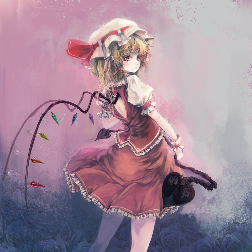 blonde_hair, childofa, flandre_scarlet, hat, laevatein, red_eyes, short_hair, side_ponytail