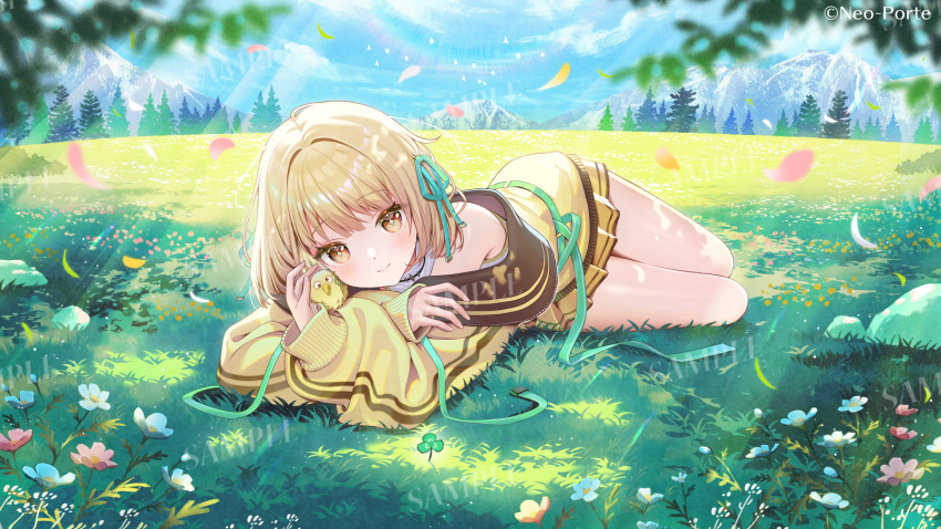 1girl, blonde_hair, blunt_bangs, blush, closed_mouth, commentary_request, dappled_sunlight, day, falling_petals, flower, hair_ribbon, jacket, long_sleeves, looking_at_viewer, lying, miniskirt, mitsuba_eni, neo-porte, official_art, oli_o_o, on_grass, on_stomach, outdoors, petals, pleated_skirt, ribbon, scenery, short_hair, skirt, solo, sunlight, thighs, virtual_youtuber, yellow_eyes, yellow_jacket, yellow_skirt