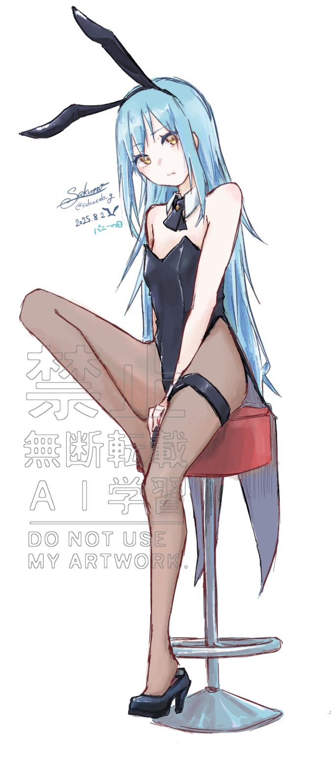 1other, animal_ears, black_leotard, blue_hair, commentary_request, detached_collar, fake_animal_ears, high_heels