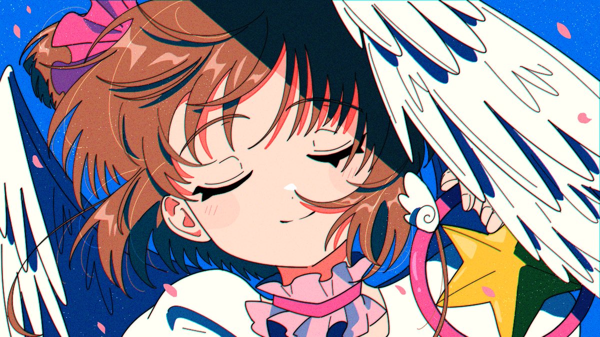 1girl, angel_wings, blush, brown_hair, cardcaptor_sakura, closed_eyes, closed_mouth, dot_nose
