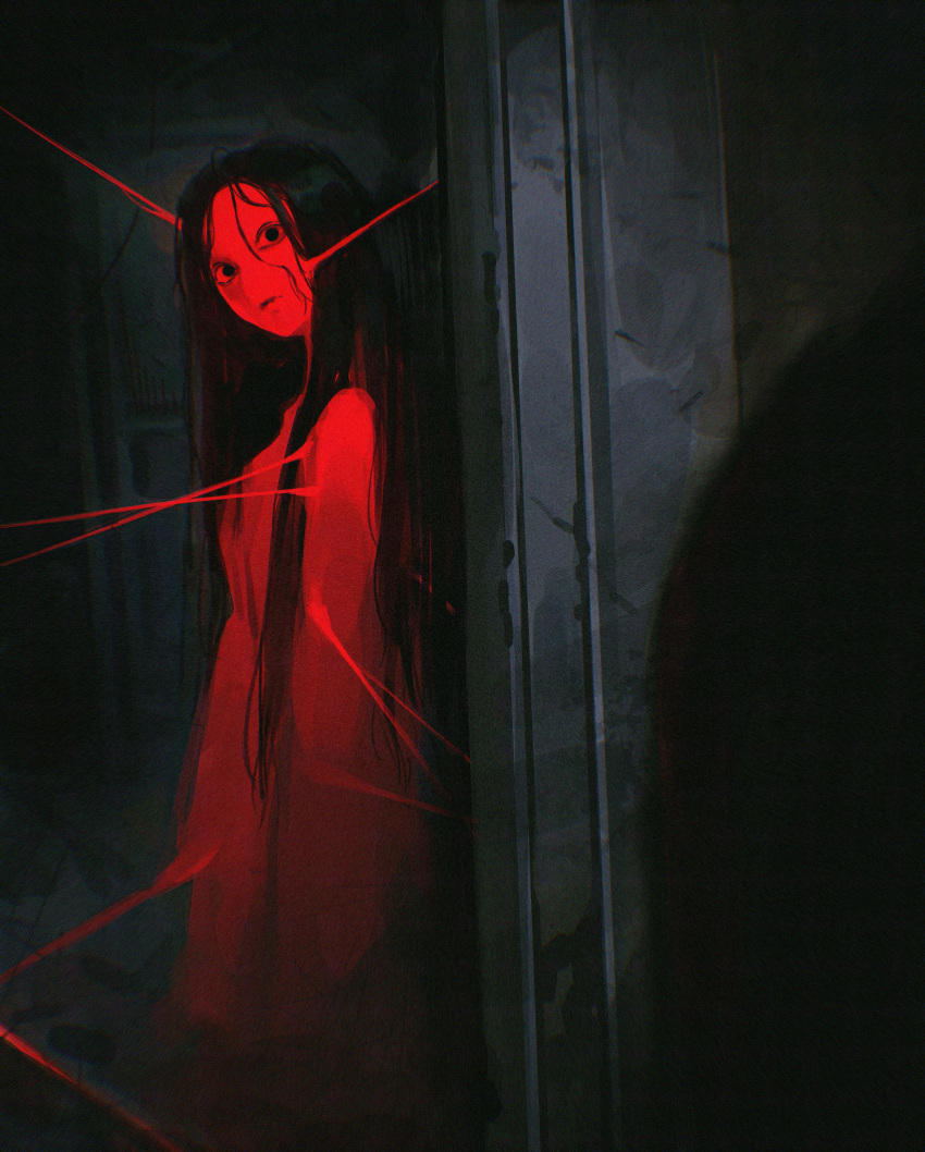1girl, 1other, absurdres, black_hair, closed_mouth, dark, door, doorway