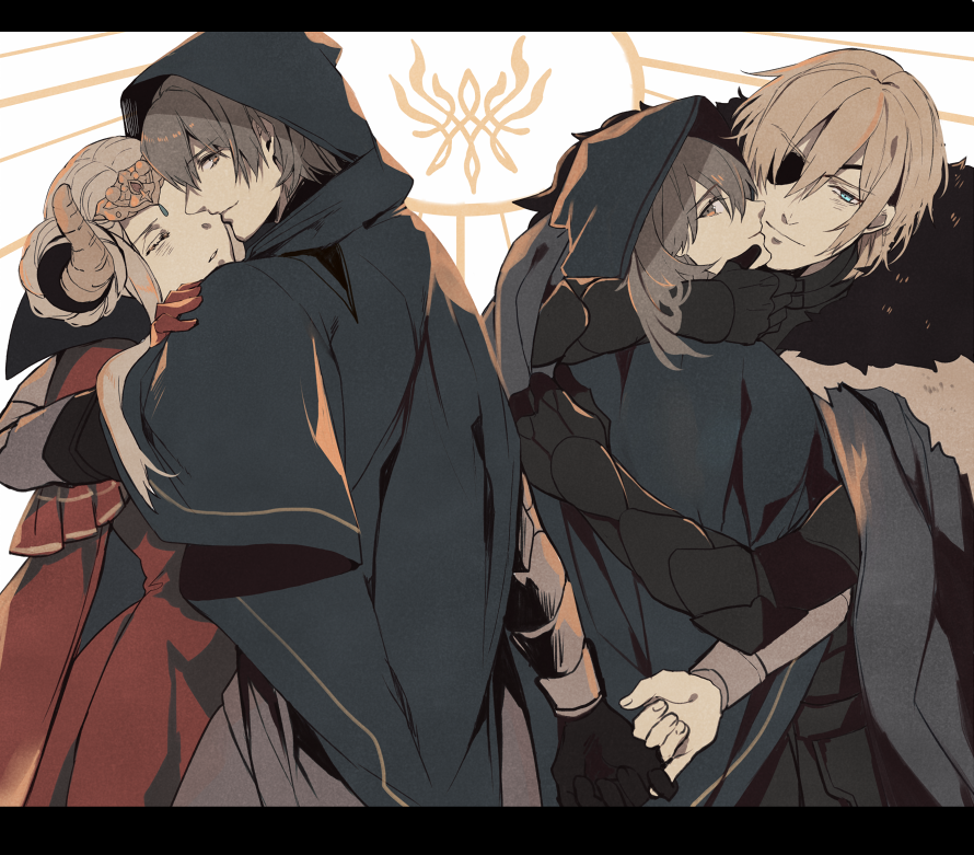 2boys, 2girls, armor, black_gloves, blonde_hair, blue_eyes, blue_hair, border, cloak, closed_eyes, closed_mouth, couple, dimitri_alexandre_blaiddyd, dimitri_alexandre_blaiddyd_(timeskip), dress, dual_persona, edelgard_von_hresvelg, edelgard_von_hresvelg_(timeskip), eyepatch, fake_horns, female_byleth_(fire_emblem), fire_emblem, fire_emblem:_three_houses, fur_trim, gloves, greaves, hetero, hood, hood_up, horns, hug, letterboxed, llldmlslll, long_hair, male_byleth_(fire_emblem), multiple_boys, multiple_girls, nintendo, pinky_swear, red_dress, short_hair, smile, white_hair
