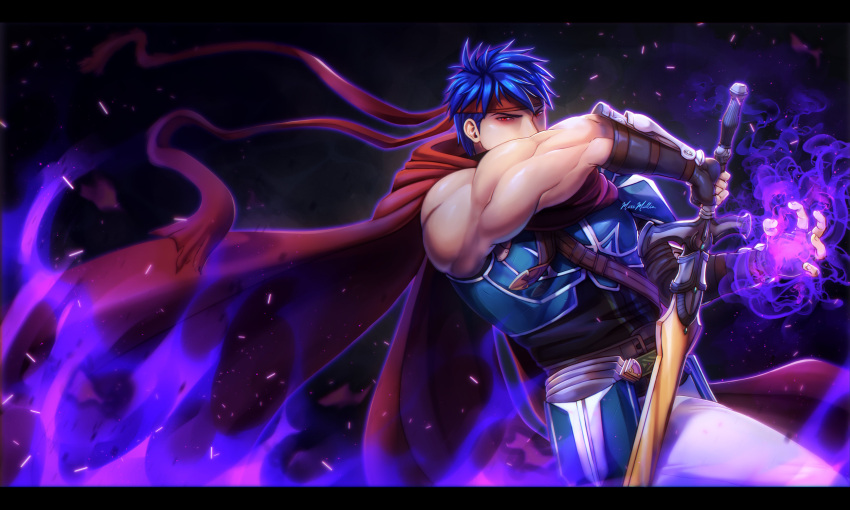 1boy, absurdres, armor, artist_name, blue_hair, commentary, dark_persona, english_commentary, fire_emblem, fire_emblem:_radiant_dawn, fire_emblem_heroes, headband, highres, holding, holding_sword, holding_weapon, ike_(fire_emblem), ike_(zeal_unleashed)_(fire_emblem), male_focus, miss_millia, muscular, muscular_male, red_eyes, red_headband, solo, sword, weapon