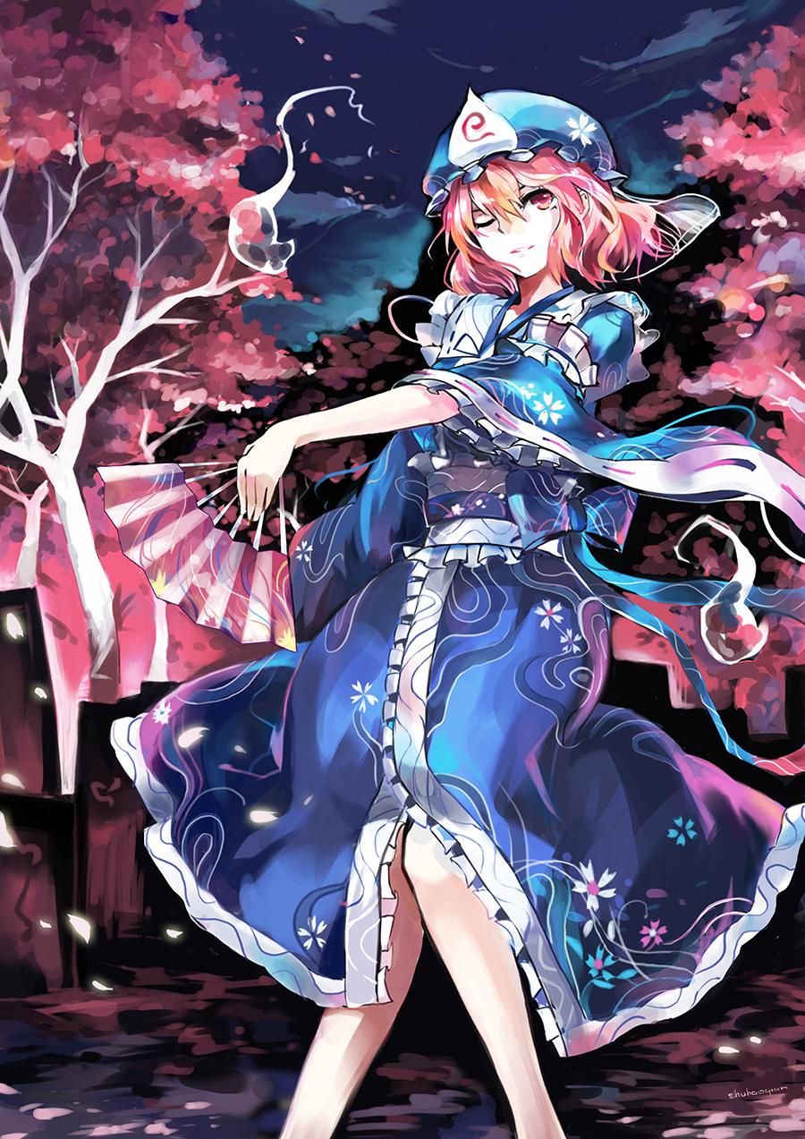 cherry_blossoms, fan, folding_fan, ghost, hat, highres, japanese_clothes, pink_eyes