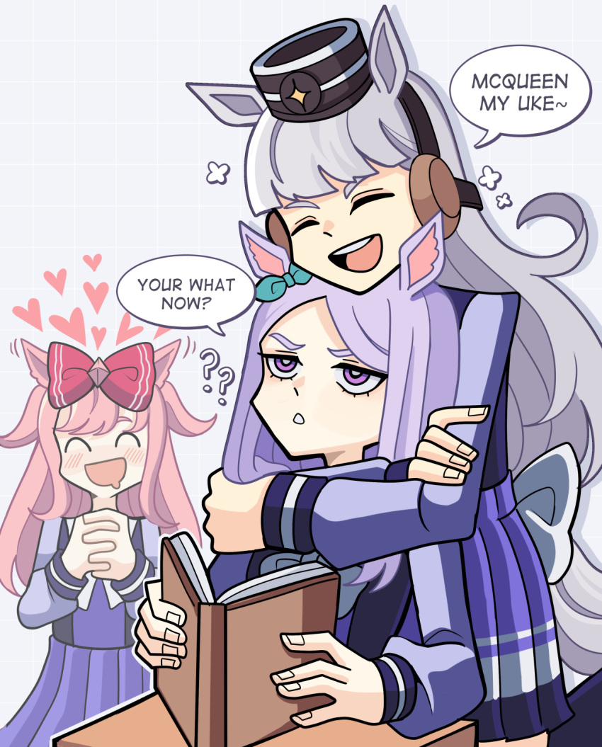 3girls, ?, ??, agnes_digital_(umamusume), animal_ears, aqua_bow, blunt_bangs, blush
