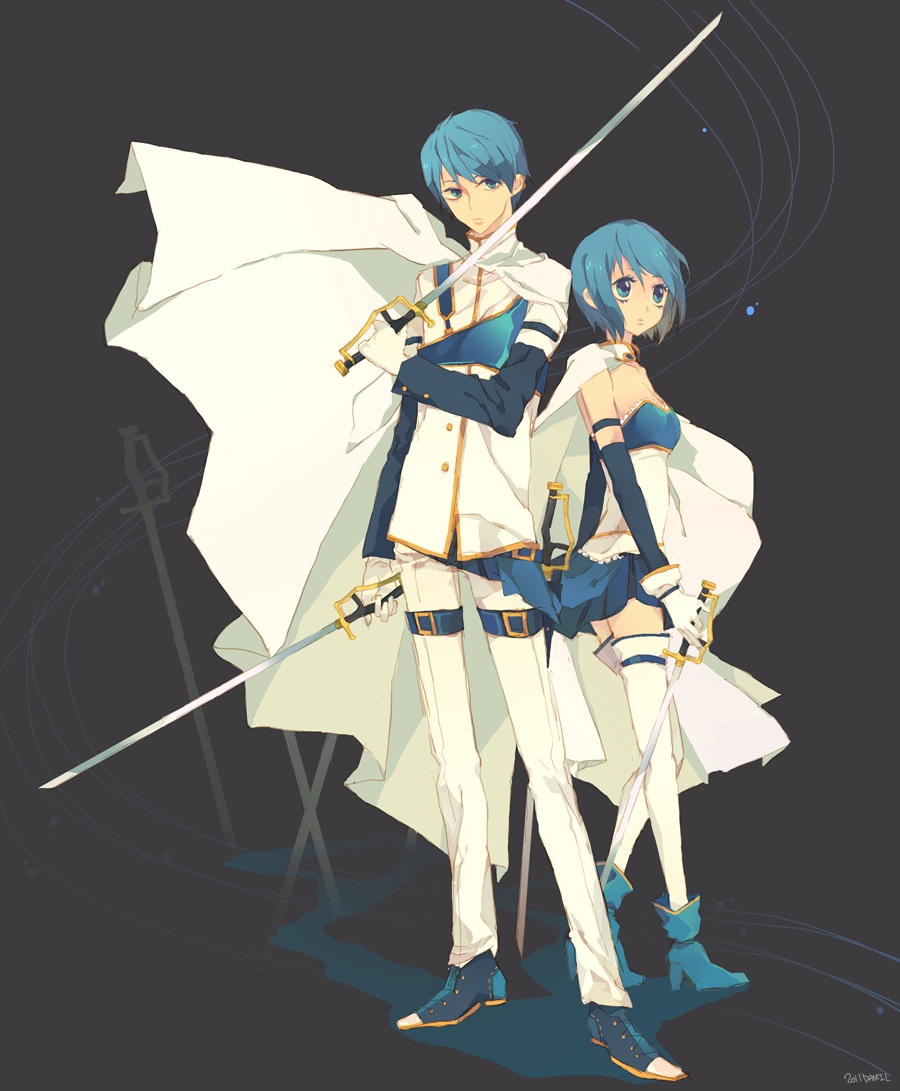 blue_hair, boots, cape, dual_persona, genderswap, gloves, height_difference, las_z