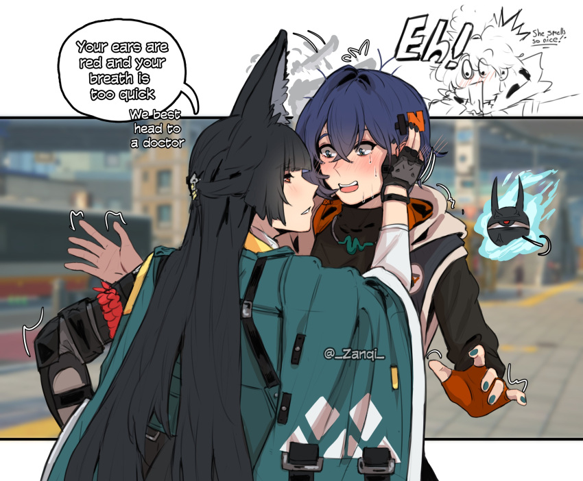 1other, 2girls, absurdres, afterimage, anger_vein, animal_ear_fluff, animal_ears, aqua_jacket