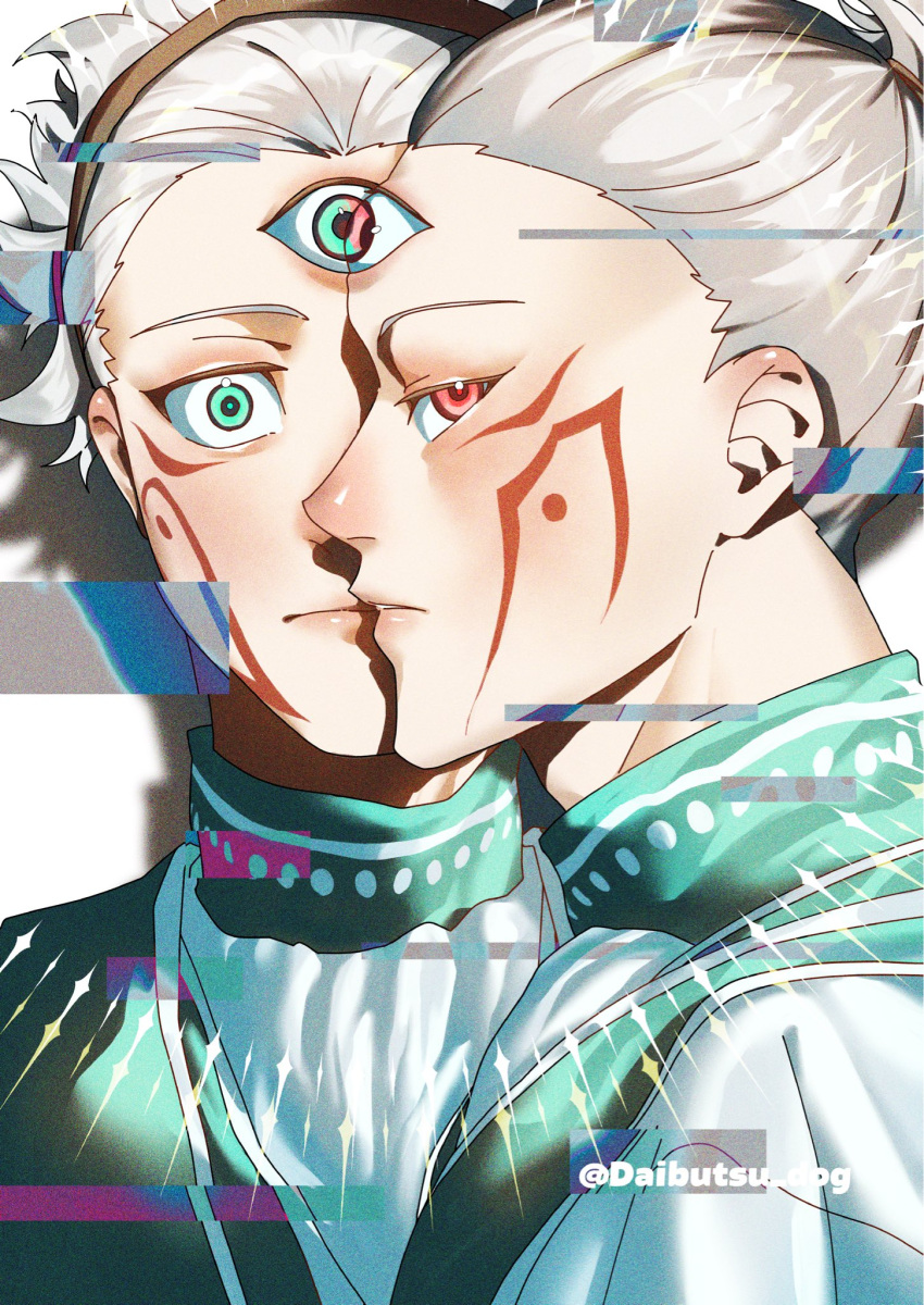 2boys, aqua_eyes, artist_name, cross_(jujutsu_kaisen_modulo), daibutsu_dog, glitch, green_eyes, highres, jujutsu_kaisen, jujutsu_kaisen_modulo, marulu_val_vol_yelvori, multiple_boys, parted_lips, profile, red_eyes, short_hair, siblings, triclops, twins, upper_body, white_hair