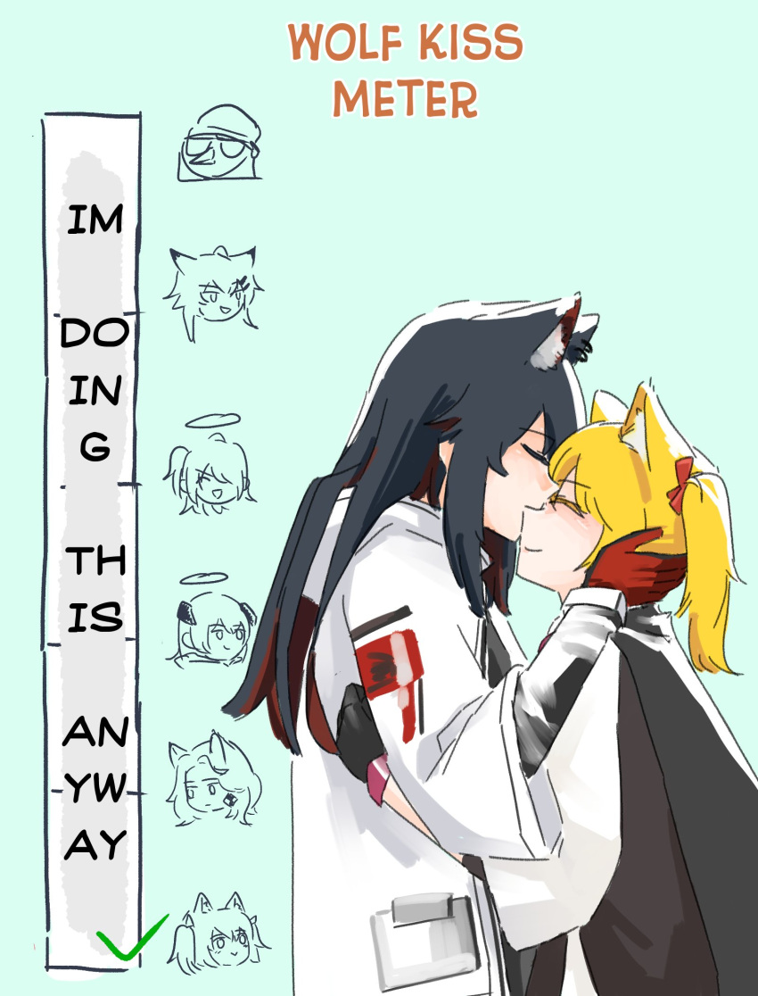 6+girls, animal_ears, arknights, black_gloves, black_hair, blonde_hair, blue_background, blush