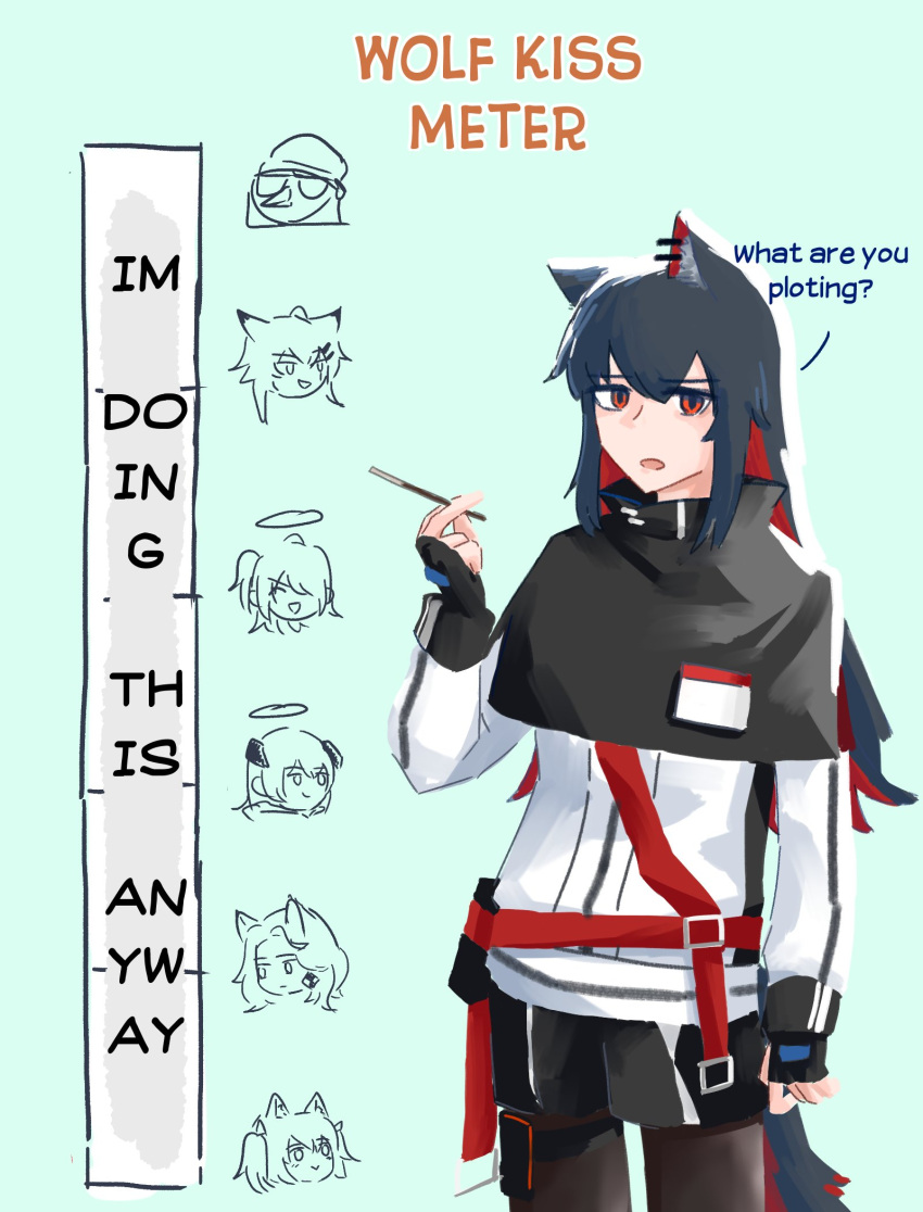 6+girls, animal_ears, arknights, black_capelet, black_gloves, black_hair, black_pantyhose, black_shorts