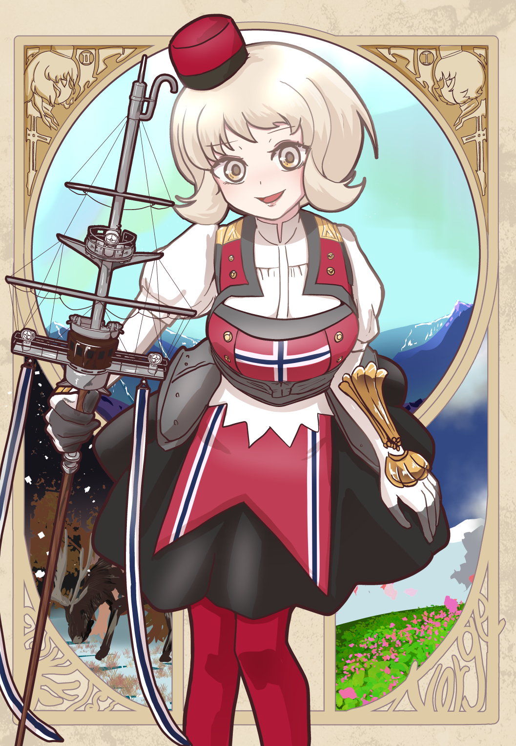 1girl, art_nouveau, black_skirt, blonde_hair, collared_shirt, dress_shirt, feet_out_of_frame, gloves