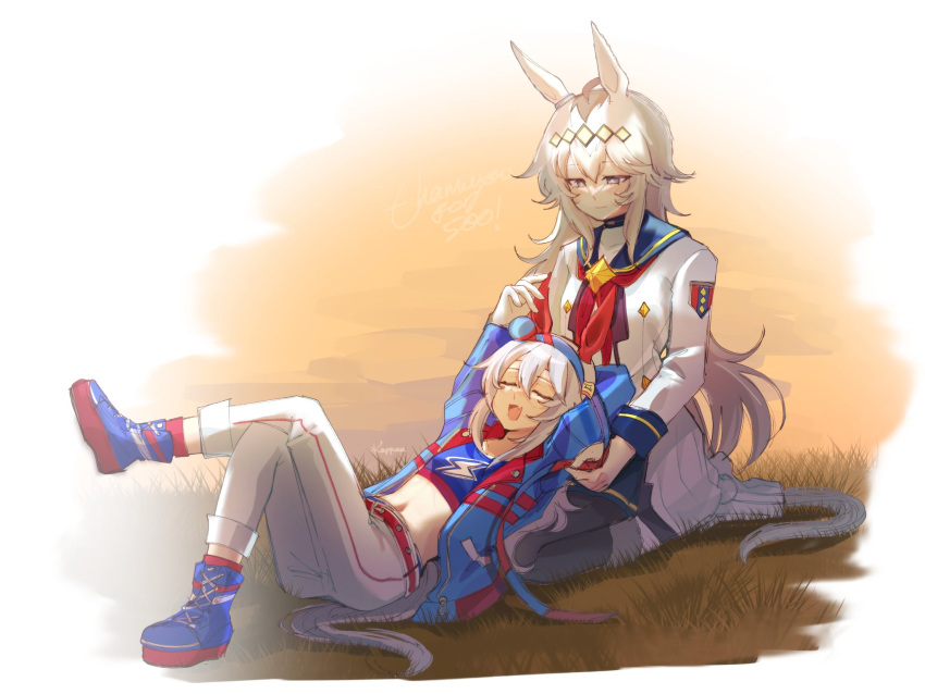 2girls, ahoge, animal_ears, arm_behind_head, belt, black_pantyhose, blue_eyes, blue_hairband