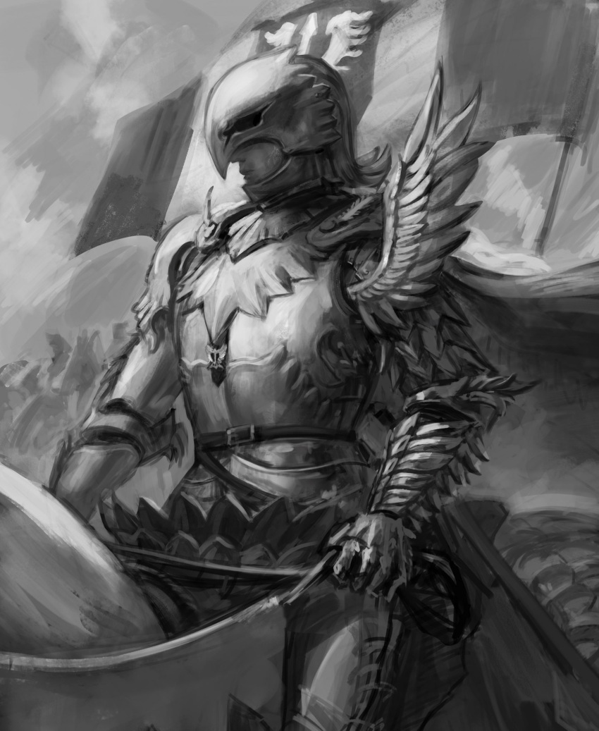 1boy, armor, asymmetrical_armor, berserk, cape, cowboy_shot, flag, griffith_(berserk), helmet, highres, male_focus, preatorcaezar, riding, solo, wing_armor