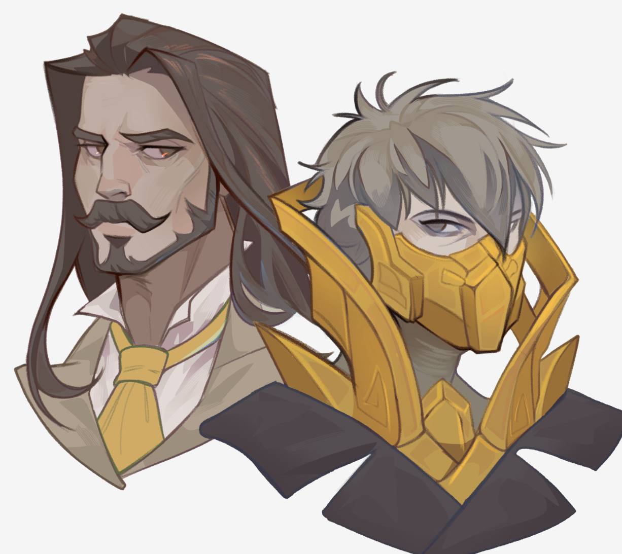 2boys, beard, brown_eyes, brown_hair, character_request, coat, collared_shirt, covered_mouth, curtained_hair, facial_hair, ghostblade_(to_be_hero_x), grey_coat, grey_eyes, grey_hair, long_hair, looking_at_another, male_focus, mask, mouth_mask, multiple_boys, mustache, necktie, portrait, shirma_draws, shirt, short_hair, to_be_hero, to_be_hero_x, white_shirt, yellow_necktie
