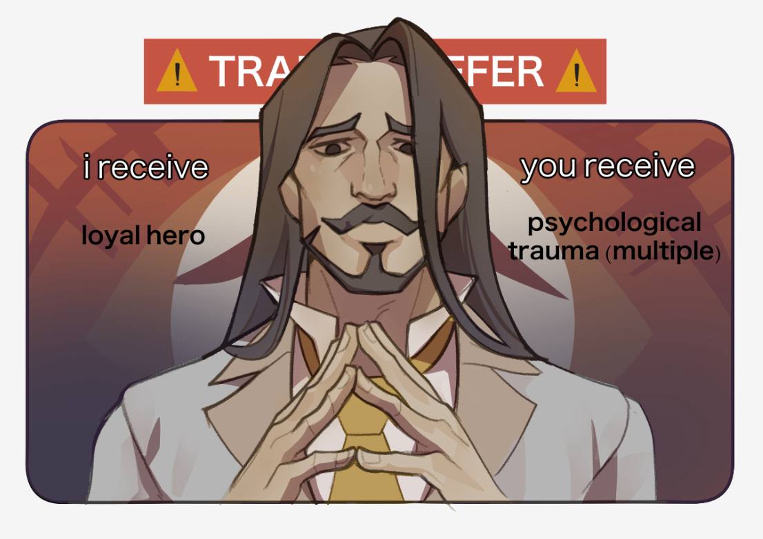 1boy, beard, brown_eyes, brown_hair, character_request, english_text, facial_hair, jacket, long_hair, looking_at_viewer, male_focus, meme, mustache, necktie, shirma_draws, shirt, solo, steepled_fingers, straight-on, to_be_hero, to_be_hero_x, trade_offer_(meme), upper_body, white_jacket, white_shirt, yellow_necktie
