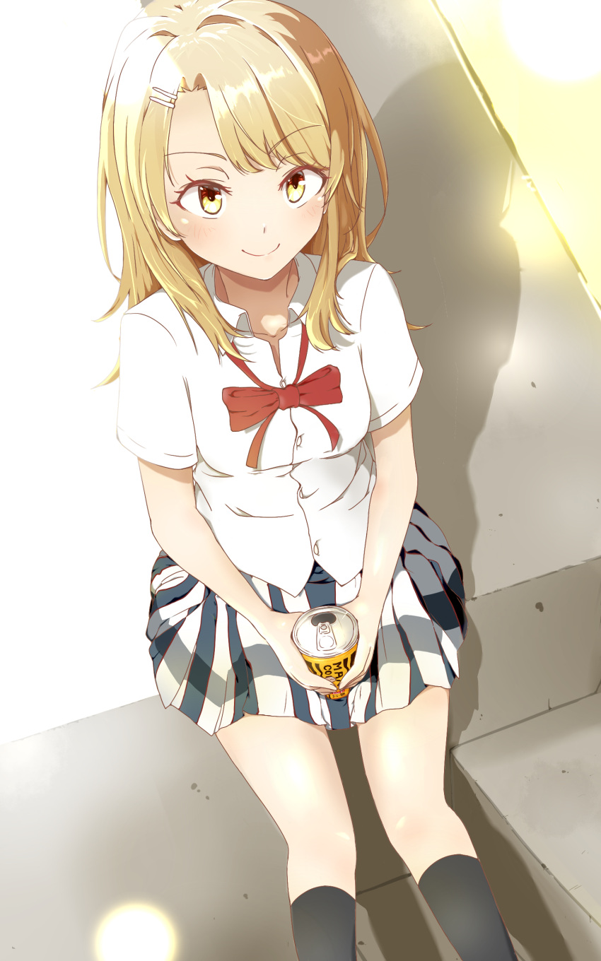 1girl, absurdres, atelier_z44, black_socks, blonde_hair, can, canned_coffee, closed_mouth